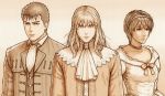  1girl 2boys ascot berserk casca choker dress expressionless formal fuji_(d38635s10) greyscale griffith guts hairband jacket long_hair monochrome multiple_boys sepia short_hair 