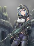  1girl assault_rifle blue_eyes blue_hair breasts city commentary_request cyberpunk fingerless_gloves gloves goggles goggles_on_head gun highres hood original potato_tacos rifle ruins solo tactical_clothes trigger_discipline weapon 