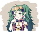  1girl braid cherrymintlove closed_mouth fire_emblem fire_emblem:_three_houses green_eyes green_hair hair_ornament long_hair manakete pointy_ears simple_background solo sothis_(fire_emblem) tiara twin_braids twitter_username upper_body 