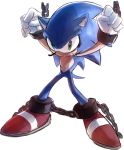  angry anthro blue_fur bound chained clenched_teeth clothing den255 eulipotyphlan fist footwear fur gloves green_eyes handwear hedgehog looking_at_viewer male mammal shoes simple_background solo sonic_(series) sonic_the_hedgehog standing teeth white_background 