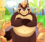  2019 anthro balls belly black_nose canid canine flaccid goemon_(tas) humanoid_hands kemonosato male mammal moobs navel outside overweight overweight_male penis raccoon_dog solo tanuki tokyo_afterschool_summoners video_games 