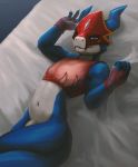  2019 anthro blue_scales clothed clothing crossdressing digimon digimon_(species) drakawa flamedramon lingerie looking_at_viewer male penis red_eyes scales scalie smile solo white_scales 
