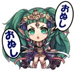  1girl braid chibi fire_emblem fire_emblem:_three_houses green_eyes green_hair hair_ornament kokouno_oyazi long_hair lowres manakete open_mouth pointy_ears simple_background solo sothis_(fire_emblem) tiara twin_braids white_background 