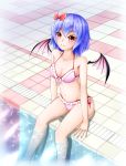  1girl akatsuki_no_usagi bangs bare_arms bare_legs bare_shoulders bat_wings bikini blue_hair bow breasts collarbone commentary_request eyebrows_visible_through_hair feet_out_of_frame frilled_bikini frills front-tie_bikini front-tie_top groin hair_between_eyes hair_bow halterneck highres looking_at_viewer medium_breasts nail_polish navel no_hat no_headwear pink_bikini pink_ribbon pool red_bow red_eyes red_nails remilia_scarlet ribbon shadow short_hair side-tie_bikini sitting smile soaking_feet solo stomach swimsuit thighs touhou water wings 
