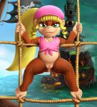  2019 absurd_res alternate_version_at_source barefoot blonde_hair bottomless brown_fur clothed clothing cloud colored_nails dankflank detailed_background dixie_kong donkey_kong_(series) female flag fur green_eyes hair haplorhine hat headgear headwear hi_res long_hair mammal monkey mountain nails nintendo ponytail prehensile_feet primate pussy rope smile solo toes video_games water 