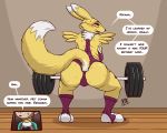  2019 5:4 angry anthro bent_over big_butt blush bodily_fluids breasts butt canid canine clothed clothing dialogue digimon digimon_(species) english_text exercise female fur hi_res human hyenatig_(artist) looking_at_viewer looking_back mammal renamon rika_nonaka solo standing sweat text thick_thighs weightlifting weights workout yellow_fur 