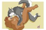  2019 anthro belly blush brown_fur canid canine canis domestic_dog duo eyes_closed fur ginnosuke hi_res interspecies legs_up lying male male/male mammal missionary_position nude on_back sex simple_background ursid 