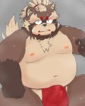  2019 absurd_res anthro belly blush bodily_fluids brown_fur bulge canid canine clothing ekubo fundoshi fur goemon_(tas) hi_res humanoid_hands japanese_clothing male mammal moobs navel nipples overweight overweight_male raccoon_dog simple_background solo sweat tanuki tokyo_afterschool_summoners underwear video_games 
