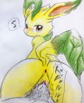  2019 anus blush bodily_fluids butt colored_pencil_(artwork) cum cum_in_pussy cum_inside eeveelution eiroru female female_focus feral fur genital_fluids hi_res interspecies japanese_text leafeon looking_at_viewer looking_back male male/female mammal nintendo penetration penis pok&eacute;mon pok&eacute;mon_(species) pok&eacute;philia pussy pussy_juice rear_view sex simple_background text traditional_media_(artwork) vaginal vaginal_penetration video_games white_background wide_hips 