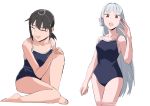  2girls black_hair black_swimsuit closed_eyes collarbone competition_school_swimsuit cowboy_shot eyebrows fubuki_(kantai_collection) full_body hair_ribbon itouebiko kantai_collection long_hair looking_at_viewer looking_down low_ponytail multiple_girls murakumo_(kantai_collection) ponytail red_eyes ribbon school_swimsuit short_ponytail sidelocks silver_hair sitting smile swimsuit tress_ribbon water white_background 