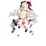 1girl alternate_costume belt bikini_top black_footwear blonde_hair blue_eyes blush boots breasts can christmas coat colt_m1873_(girls_frontline) colt_saa commentary_request girls_frontline gloves gun handgun hat holding long_hair looking_at_viewer navel official_art red_coat red_gloves red_headwear revolver sack saru short_shorts shorts single_thighhigh small_breasts smile soda soda_bottle soda_can solo striped striped_legwear thighhighs torn_clothes torn_legwear transparent_background twintails weapon 
