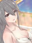  1girl :d bare_shoulders blurry blurry_background breasts brown_eyes cleavage close-up collarbone eyebrows_visible_through_hair grey_hair hair_ornament hairclip haruna_(kantai_collection) headgear kantai_collection large_breasts long_hair looking_at_viewer open_mouth saplus smile solo twitter_username white_bikini_top 