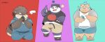  2019 alp_(tas) anthro belly bottomwear canid canine canis clothing cute_fangs domestic_dog eyes_closed footwear fur giant_panda gouryou group hi_res hoodie humanoid_hands male mammal overweight overweight_male phone purple_fur sandals shino_(housamo) shirt shorts simple_background suid suina sus_(pig) tokyo_afterschool_summoners topwear uokkom ursid video_games wild_boar 
