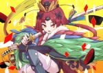 1girl bangs benienma_(fate/grand_order) boushi-ya cup fate/grand_order fate_(series) hat holding holding_sword holding_weapon japanese_clothes katana kimono long_hair long_sleeves looking_at_viewer open_mouth parted_bangs red_eyes red_hair sakazuki solo sword tsurime upper_body weapon wide_sleeves 