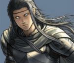  1boy armor cu_chulainn_(megami_tensei) expressionless fuji_(d38635s10) grey_background grey_hair grey_scarf long_hair lowres male_focus portrait scarf shin_megami_tensei shin_megami_tensei_i solo white_eyes 