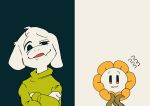  anthro asriel_dreemurr boss_monster bovid caprine flora_fauna flowey_the_flower hi_res looking_at_viewer male mammal napstablookeon personality_swap plant smile smug undertale video_games young 