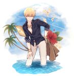  1boy bangs belt black_shirt blonde_hair bracelet brown_belt closed_mouth collared_shirt contrapposto dress_shirt earrings establishment_(fate/grand_order) fate/grand_order fate_(series) flower gilgamesh gilgamesh_(caster)_(fate) hair_between_eyes hand_on_hip hand_on_lap hibiscus highres jewelry male_focus mayomayo55 necklace palm_tree pants red_eyes red_flower shirt solo tree wading white_background white_pants 