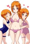  blush breasts clone closed_mouth commentary_request dora_(azu) elpeo_puru groin gundam gundam_unicorn gundam_zz highres long_hair marida_cruz multiple_girls orange_hair purple_eyes puru_two school_swimsuit short_hair siblings simple_background sisters smile swimsuit white_background 