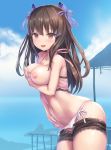  1girl bikini black_shorts blue_sky breasts brown_eyes brown_hair day hair_ribbon highres long_hair looking_at_viewer medium_breasts navel nipples ocean open_mouth original outdoors purple_ribbon ribbon short_shorts shorts side-tie_bikini signature sky smile solo swimsuit tougetsu_gou 