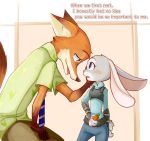  blush canid canine carrot_pen clothing disney duo english_text female fox judy_hopps lagomorph leporid luke3422 male mammal necktie nick_wilde rabbit simple_background text zootopia 