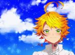  1girl ahoge bangs blonde_hair blue_sky closed_mouth cloud collared_shirt emma_(yakusoku_no_neverland) green_eyes highres kitimoop looking_at_viewer neck_ribbon portrait ribbon shirt short_hair sky smile solo star swept_bangs white_ribbon white_shirt wing_collar yakusoku_no_neverland 