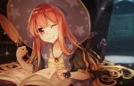  1girl atelier_(series) atelier_escha_&amp;_logy book bookshelf commentary_request gloves hat jewelry library long_hair looking_at_viewer lying necklace on_stomach one_eye_closed quill red_eyes red_hair san+ single_glove smile solo sparkle wilbell_voll=erslied witch_hat 
