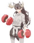  1girl animal_ear_fluff animal_ears antlers brown_eyes brown_hair brown_skirt clothes_around_waist collared_shirt commentary_request cowboy_shot dumbbell extra_ears eyebrows_visible_through_hair grey_legwear highres kemono_friends long_hair long_sleeves moose_(kemono_friends) moose_ears pantyhose pleated_skirt shirt simple_background skirt sleeves_rolled_up solo sweater_around_waist tanabe_(fueisei) white_background white_shirt 