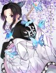  1girl absurdres animal bangs black_hair black_jacket bug butterfly butterfly_hair_ornament closed_mouth flower flower_request forehead hair_ornament highres insect jacket katana kimetsu_no_yaiba kochou_shinobu looking_at_viewer looking_back multicolored_hair norazura off_shoulder open_clothes parted_bangs purple_eyes purple_flower purple_hair sidelocks solo streaked_hair sword translation_request weapon 