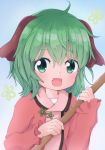  1girl :d absurdres animal_ears chinoru commentary_request dog_ears dress fang green_eyes green_hair highres kasodani_kyouko long_sleeves open_mouth pink_dress short_hair smile stick touhou upper_body 