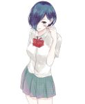  1girl absurdres blue_hair bow bowtie facial_mark grey_skirt hair_over_one_eye heart highres kirishima_touka looking_at_viewer red_bow shirt short_hair simple_background skirt solo tokyo_ghoul toukaairab white_background white_shirt 