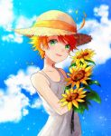  1girl :d ahoge blonde_hair blue_sky blurry blurry_background bouquet cloud collarbone dress emma_(yakusoku_no_neverland) flower green_eyes hat hat_ribbon holding holding_bouquet kitimoop looking_at_viewer open_mouth ribbon short_hair sky sleeveless sleeveless_dress smile solo sparkle standing straw_hat sun_hat sundress sunflower tattoo white_dress yakusoku_no_neverland yellow_flower yellow_headwear yellow_ribbon 