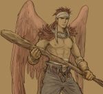  1boy abs belt brown_background brown_eyes brown_gloves brown_wings canopus_wolph club cowboy_shot feathered_wings gloves headband looking_at_viewer male_focus pants pectorals red_hair sketch solo standing tactics_ogre weapon white_headband windcaller wings 