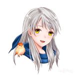  1girl :d aplche blue_ribbon cropped_torso fire_emblem fire_emblem:_radiant_dawn hair_ribbon long_hair looking_at_viewer micaiah open_mouth portrait ribbon shiny shiny_hair silver_hair simple_background smile solo white_background yellow_eyes yune 