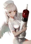  1girl angel angel_wings bangs blush breasts collared_dress dress feathered_wings grin halo haori_iori hat highres holding holding_syringe large_breasts long_hair looking_at_viewer nurse nurse_cap original sidelocks simple_background smile solo syringe white_background white_dress white_hair wings yellow_eyes yellow_nails 
