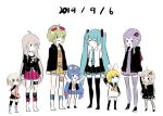  6+girls absurdres aqua_hair blonde_hair blue_eyes blue_hair blush_stickers boots braid bread cevio closed_eyes dated dress eating eel_hat food goggles gomiyama green_eyes green_hair gumi hair_ribbon hatsune_miku highres ia_(vocaloid) imouto_no_hi kagamine_rin kizuna_akari long_hair looking_at_another melon_bread multiple_girls necktie one_(cevio) otomachi_una purple_hair ribbon sailor_collar sailor_dress siblings simple_background sisters skirt twin_braids twintails vocaloid voiceroid white_background white_footwear younger yuzuki_yukari 