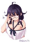  1girl alternate_costume blush breasts closed_mouth dress ebifurya eyebrows_visible_through_hair glasses hair_between_eyes hair_flaps highres kantai_collection large_breasts long_hair looking_at_viewer low_twintails purple_hair red_eyes semi-rimless_eyewear simple_background smile solo taigei_(kantai_collection) twintails twitter_username under-rim_eyewear white_background white_dress 