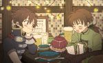  alcohol alec_(arc_the_lad) arc_s0222 arc_the_lad arc_the_lad_iii beer brown_eyes brown_hair closed_mouth commentary_request cup drink food goggles hamburger lutz multiple_boys open_mouth plate sandwich smile spoon table 