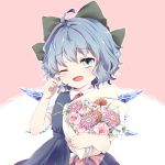  1girl arms_up baby&#039;s-breath blue_dress blue_eyes blue_hair blush bouquet bow cirno commentary_request cowboy_shot daisy dress eyebrows_visible_through_hair finger_to_eye flower hair_bow happy_tears head_tilt holding holding_bouquet kuromame_(8gou) lily_(flower) one_eye_closed open_mouth outline pinafore_dress pink_background pink_flower pink_rose puffy_short_sleeves puffy_sleeves red_neckwear red_ribbon ribbon rose shirt short_hair short_sleeves simple_background solo tears touhou two-tone_background white_background white_shirt wings wiping_tears 