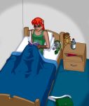  anthro bed bed_sheet bedding bedroom blue_eyes book breasts brown_fur clothed clothing domestic_ferret female fur graphite_(artist) hair mammal melissa_(clarrygoldstein) mustela mustelid musteline pillow red_hair sex_toy shirt solo tank_top topwear vibrator 