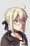  1girl ahoge artoria_pendragon_(all) black-framed_eyewear black_cardigan black_ribbon boa_(brianoa) braid braided_bun cardigan choker closed_mouth collarbone fate/grand_order fate_(series) frown glasses grey_background hair_ribbon highres looking_to_the_side mysterious_heroine_x_(alter) open_cardigan open_clothes portrait ribbon semi-rimless_eyewear short_hair sidelocks silver_hair simple_background solo under-rim_eyewear yellow_eyes 