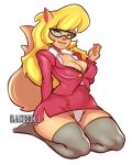  2019 5_fingers anthro big_breasts blonde_hair bottomwear bra breasts callie_briggs cleavage clothed clothing domestic_cat eyewear fangs felid feline felis female fingers glasses green_eyes hair hanna-barbera jacket jakuson_z legwear long_hair mammal miniskirt panties pink_nose shirt sitting skirt smile solo swat_kats thigh_highs topwear underwear 