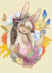  1girl animal_ears bunny_ears dog_tail fangs flower full_body furry hand_to_own_mouth hat highres hitosoroi long_hair made_in_abyss nanachi_(made_in_abyss) navel open_mouth pants paws red_headwear red_pants silver_hair smile solo tail topless whiskers yellow_eyes 