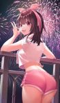  1girl :d absurdres aerial_fireworks arched_back ass bare_arms black_hair boyshorts breasts brown_eyes cowboy_shot crop_top crop_top_overhang fireworks from_behind hair_ribbon hand_up highres long_hair looking_at_viewer looking_back medium_breasts midriff munseonghwa nail_polish open_mouth original pink_nails pink_shorts railing ribbon scarf shirt short_shorts short_sleeves shorts sidelocks smile solo standing thighs v white_shirt 