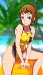  1girl aiuchi ball blue_eyes breasts brown_hair clothes_removed collarbone commentary_request competition_swimsuit day exercise_ball gundam gundam_build_fighters gundam_build_fighters_try highleg highleg_swimsuit highres hoshino_fumina looking_at_viewer medium_breasts one-piece_swimsuit outdoors palm_tree ponytail scrunchie short_hair sitting smile solo swimsuit tree yellow_swimsuit 