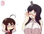  2girls :3 adjusting_eyewear ahoge alternate_costume artist_logo bespectacled black_hair blue_eyes braid breasts brown_hair commentary_request dated glasses hair_ornament hair_over_shoulder kanon_(kurogane_knights) kantai_collection large_breasts multiple_girls open_mouth red-framed_eyewear red_eyes semi-rimless_eyewear shigure_(kantai_collection) shirt short_hair signature simple_background single_braid sleeveless sleeveless_shirt smile sparkle under-rim_eyewear white_background white_shirt yamashiro_(kantai_collection) 