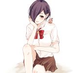  1girl absurdres black_skirt blue_eyes blush bow breasts bunny commentary_request hair_over_one_eye highres kirishima_touka large_breasts purple_hair red_bow shirt short_hair short_sleeves simple_background sitting skirt solo tokyo_ghoul toukaairab white_background white_shirt 