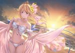  1girl bangs beach bikini blonde_hair blue_eyes blue_ribbon blush breasts chokuro cleavage collarbone cowboy_shot diadem dutch_angle europa_(granblue_fantasy) eyebrows_visible_through_hair floating_hair flower granblue_fantasy groin hair_flower hair_ornament highres looking_at_viewer medium_breasts multi-strapped_bikini navel ocean outdoors parted_lips ribbon short_hair solo standing strapless strapless_bikini sun sunlight swimsuit twilight white_bikini yellow_flower 