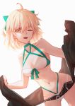  1girl ;d ahoge bikini blonde_hair bow breasts choker cleavage collarbone dutch_angle fate/grand_order fate_(series) green_bow hair_bow jacky5493 looking_at_viewer medium_breasts multi-strapped_bikini navel okita_souji_(fate)_(all) okita_souji_(swimsuit_assassin)_(fate) one_eye_closed open_mouth short_hair simple_background smile solo standing swimsuit white_background white_bikini yellow_eyes 