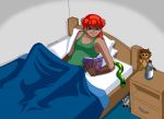  2009 anthro bed bed_sheet bedding bedroom blue_eyes book breasts brown_fur clothed clothing domestic_ferret female fur graphite_(artist) hair mammal melissa_(clarrygoldstein) mustela mustelid musteline nude pillow red_hair shirt solo spread_legs spreading tank_top topwear 