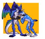  anthro avian beak claws digital_media_(artwork) duo feathered_wings feathers feet felid feline fur gryphon lynx male mammal nicnak044 paws personal_grooming pose simple_background smile social_grooming wings 